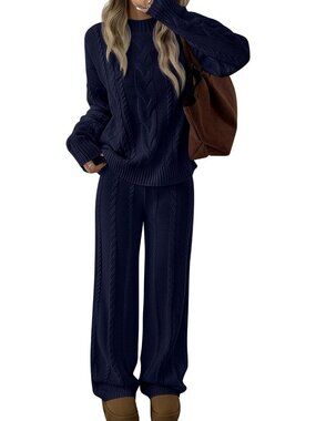 Cozy 2 Piece Cable Knit Oversized Sweater Lounge Set for Women - Chic & Comfy